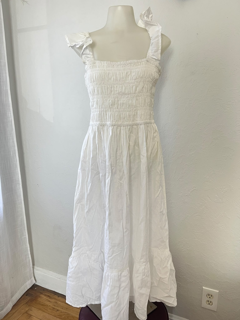Smocked White Maxi Dress with Ruffle Shoulder Straps